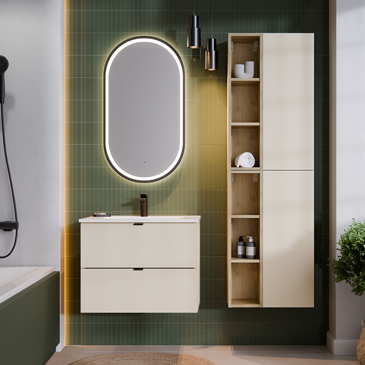Ensemble meuble simple vasque encastrée 60cm et colonne Azel Cachemire et Bois