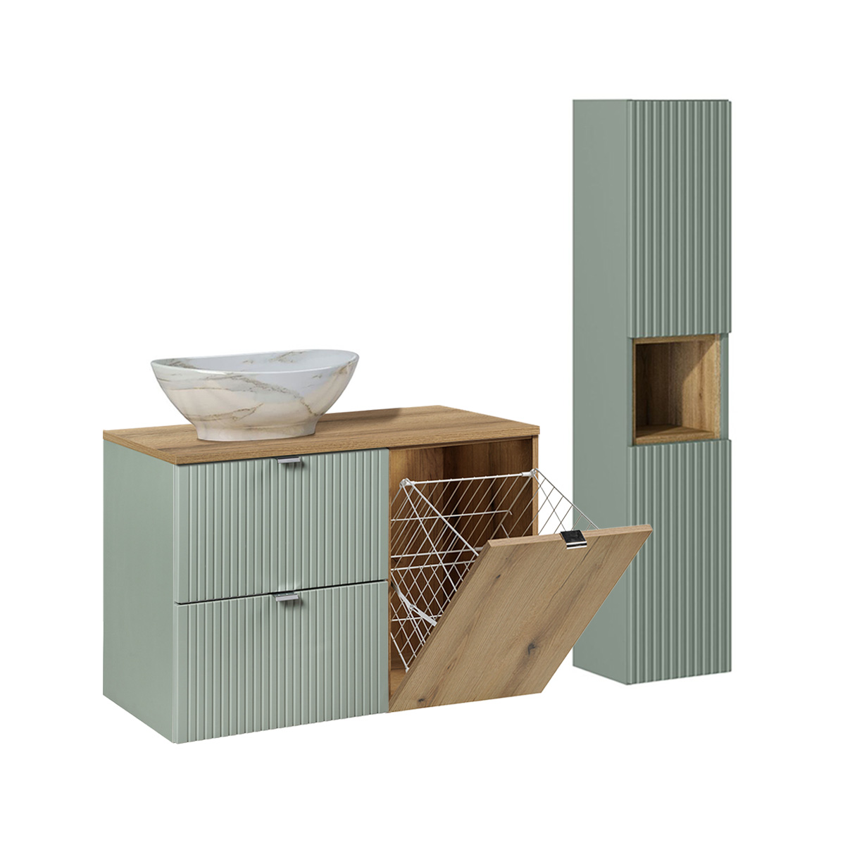 Ensemble meuble simple vasque 90cm panier à linge et colonne Jade Vert et Bois