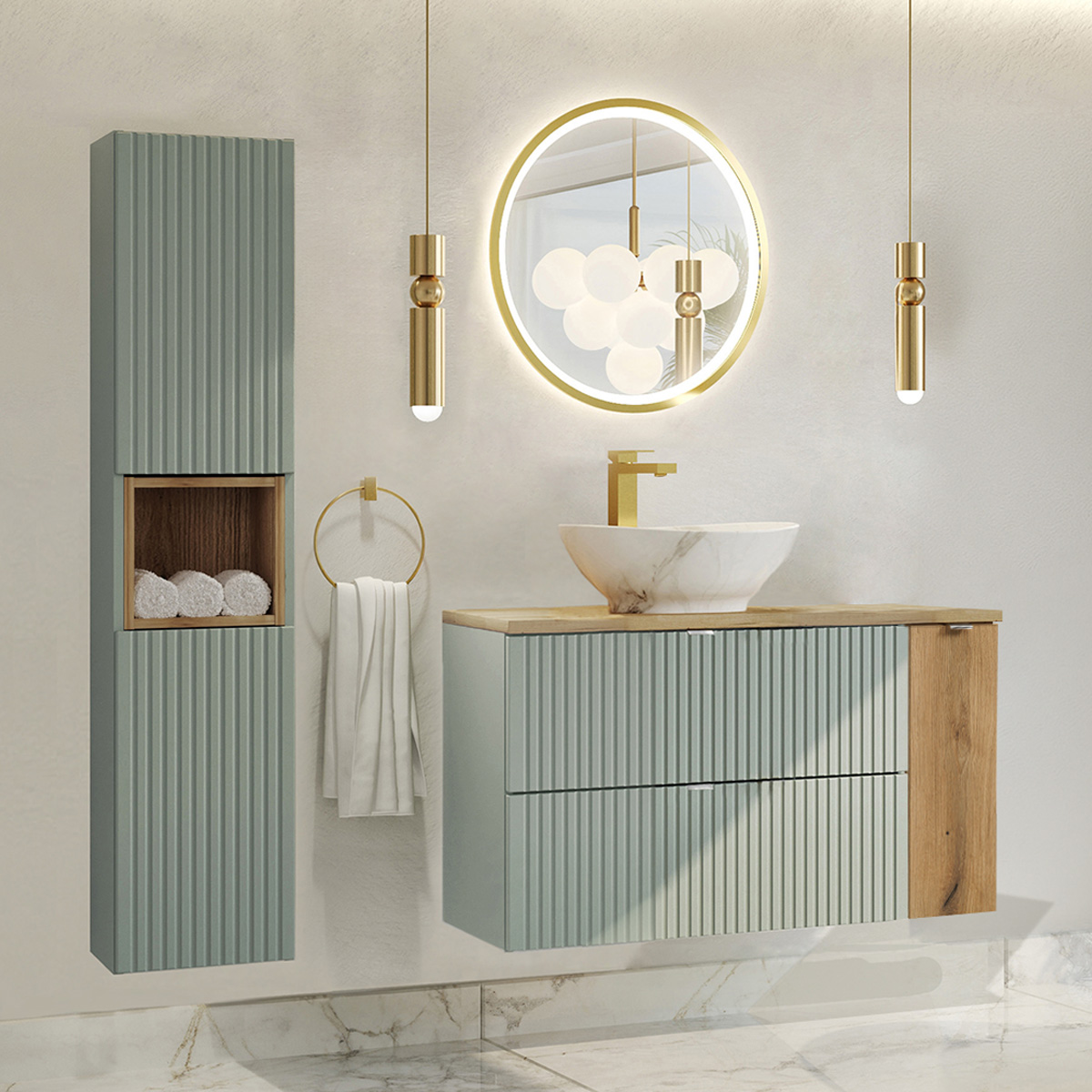Ensemble meuble simple vasque 100cm et colonne Jade Vert et Bois