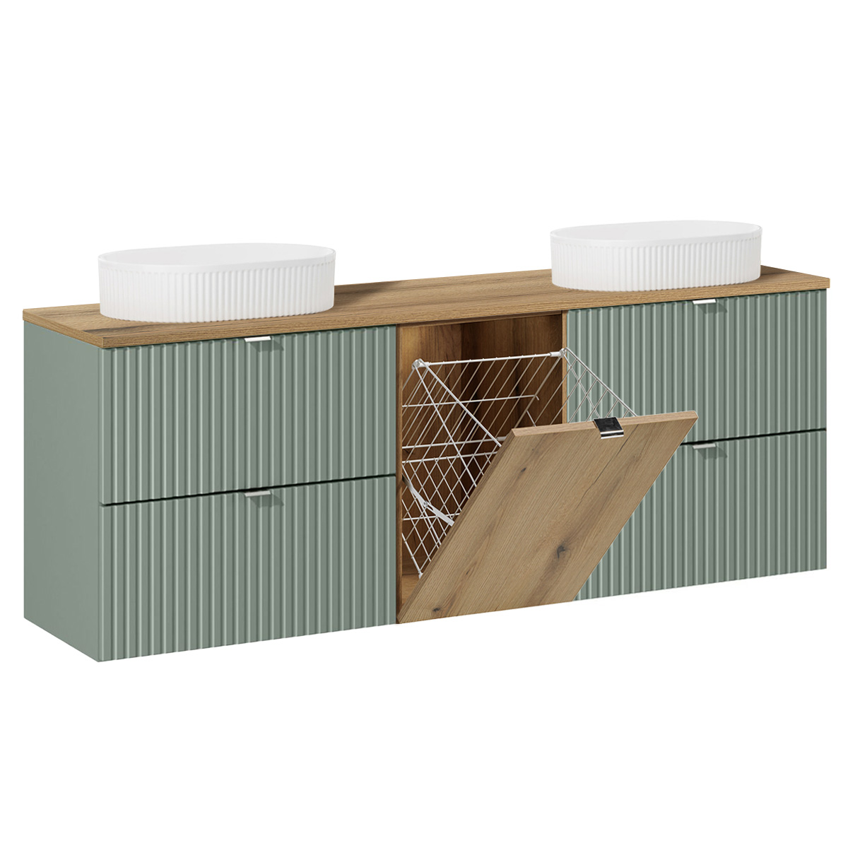 Meuble double vasque 160cm panier à linge Jade Vert et Bois - Vasques ovales