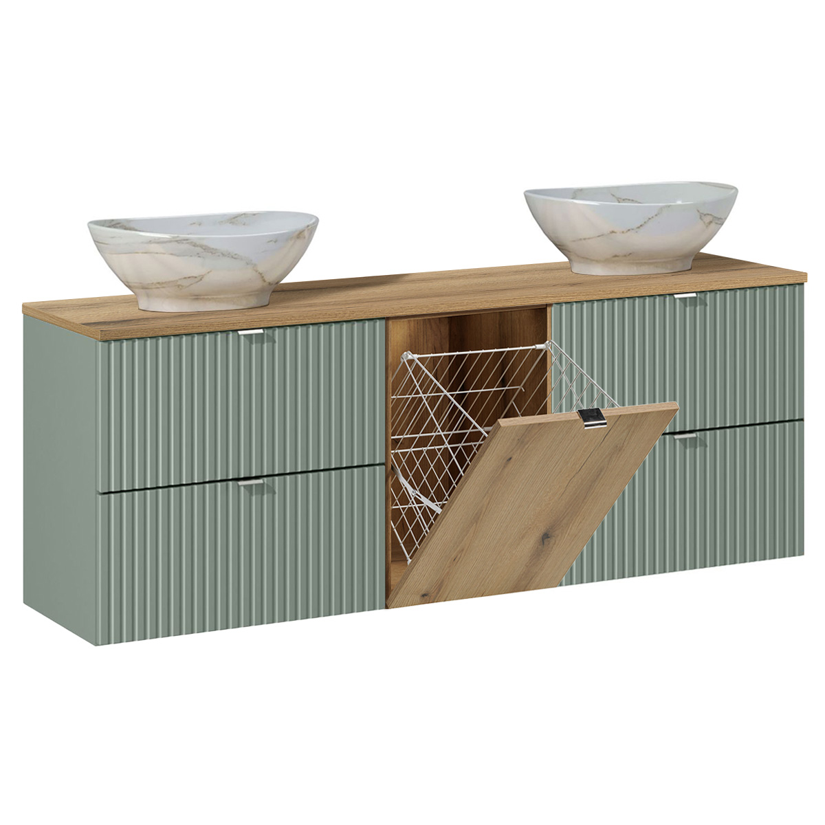 Meuble double vasque 160cm panier à linge Jade Vert et Bois