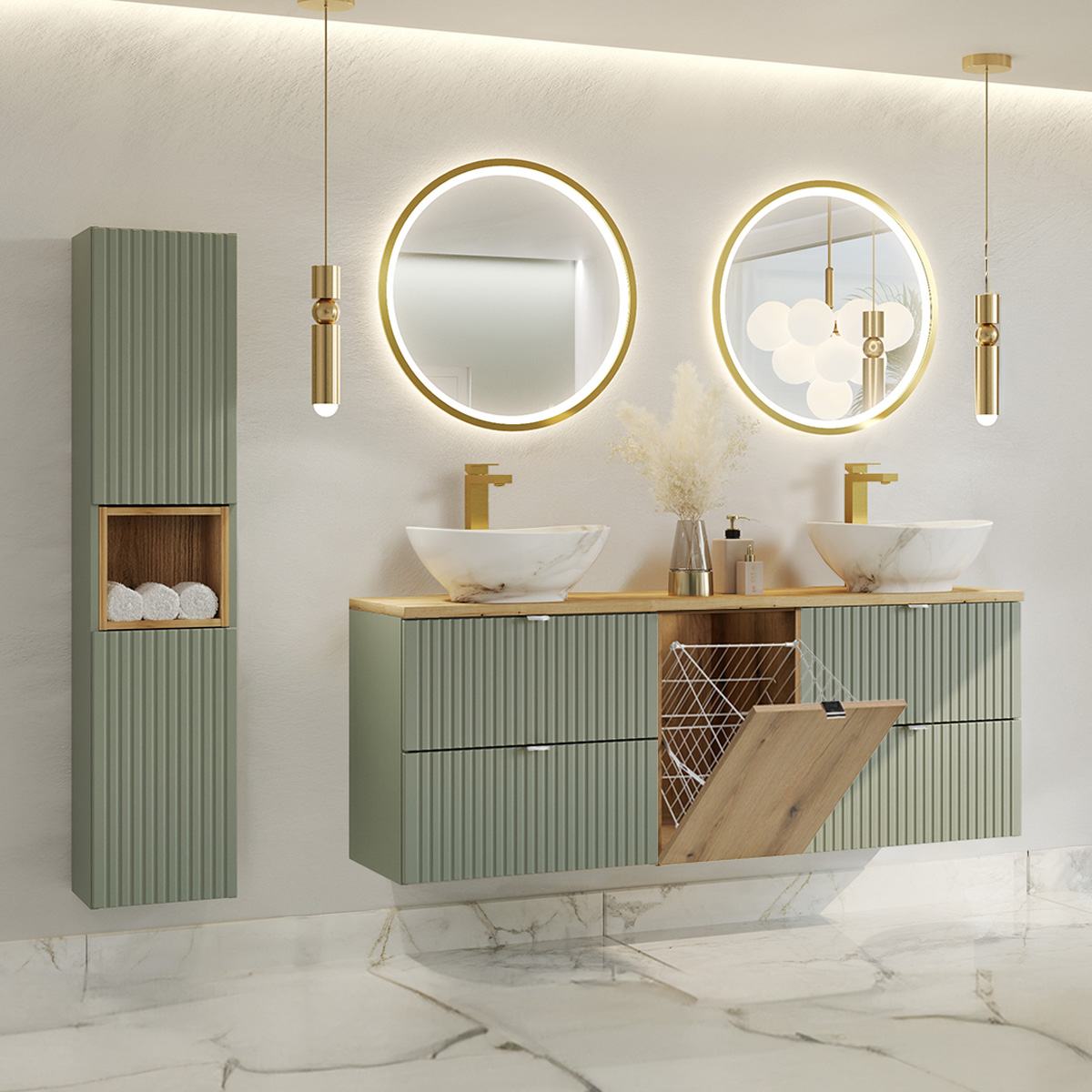 Ensemble meuble double vasque 160cm panier à linge et colonne Jade Vert et Bois