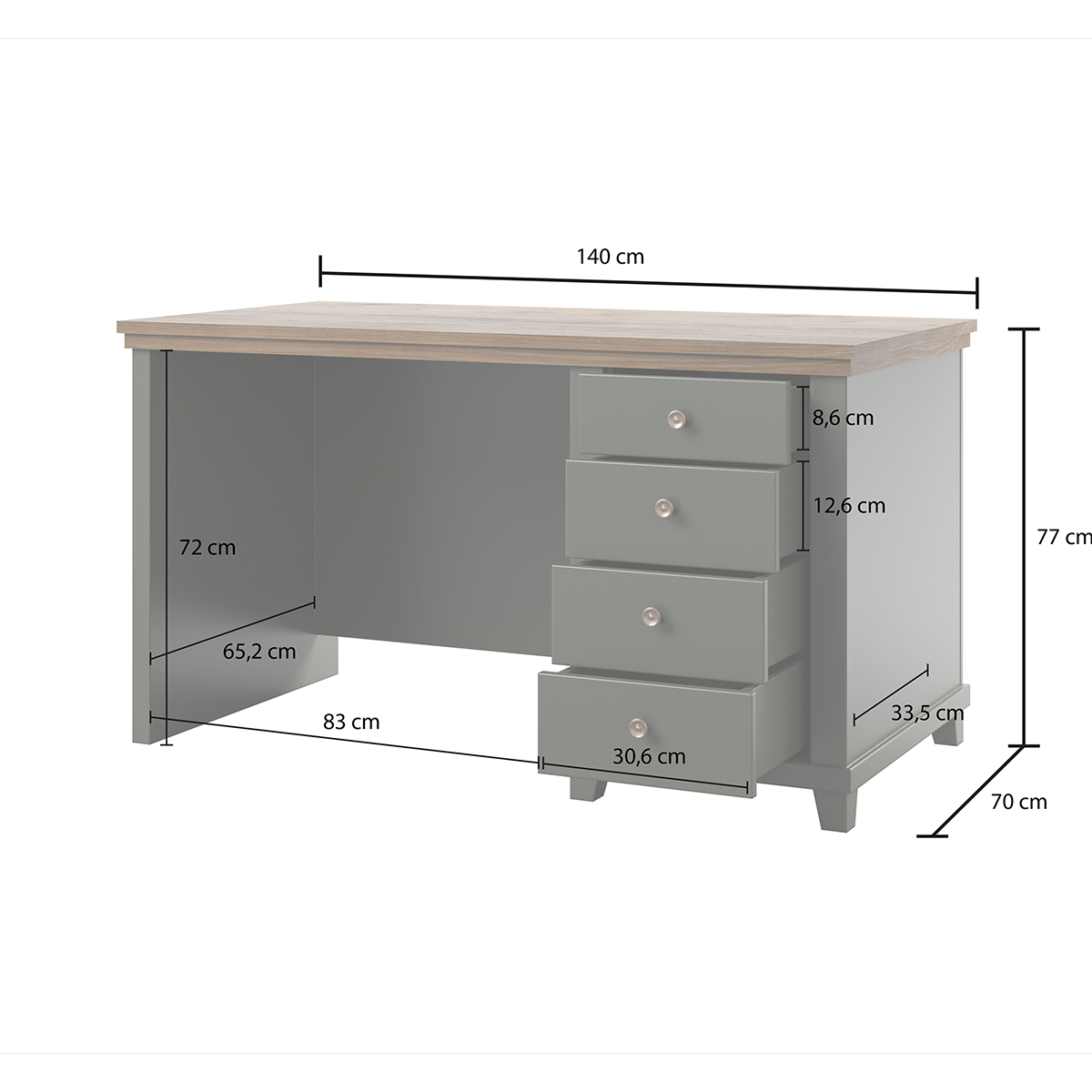 Hvt_Martin_vert_bois_bureau_4tiroirs_dimensions