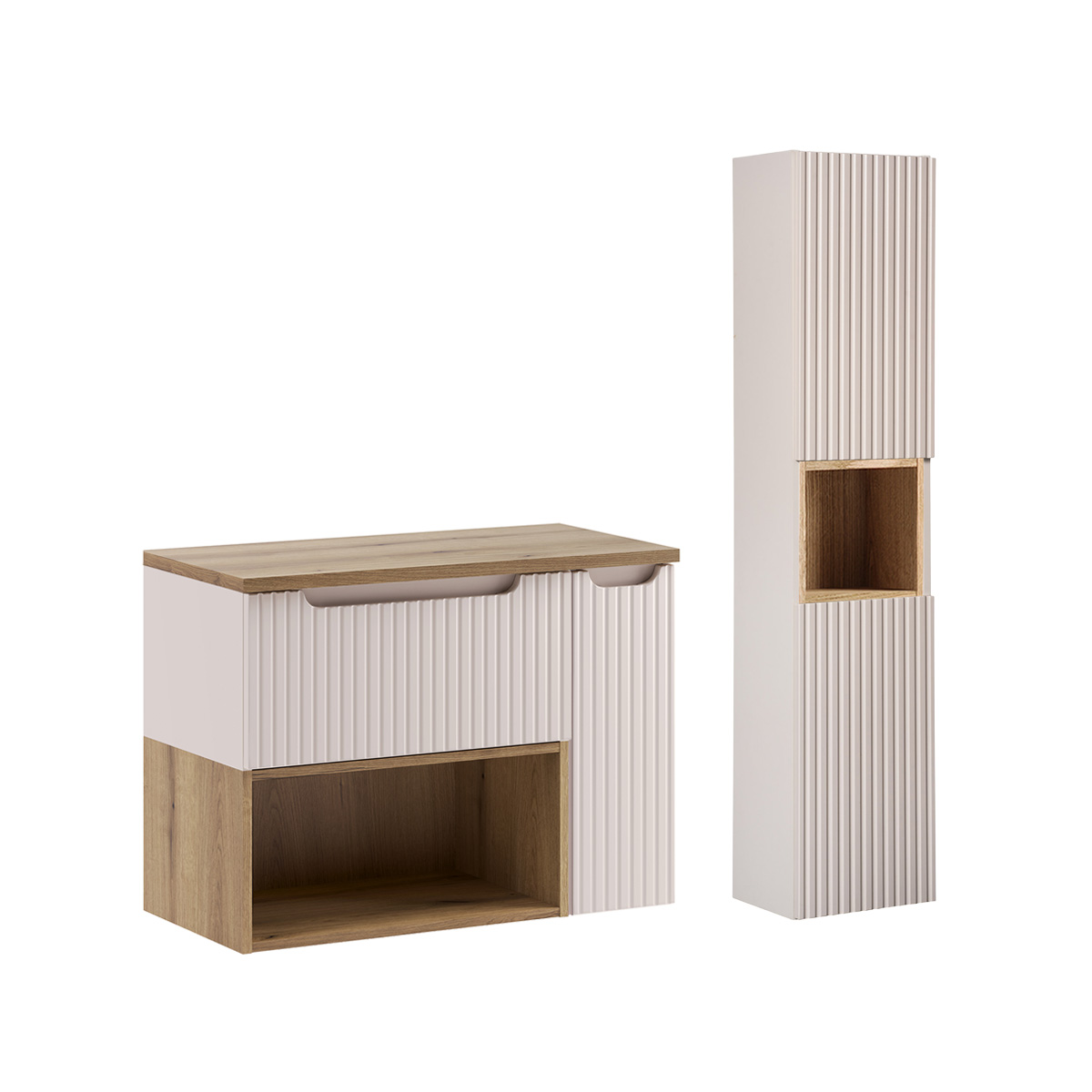 Ensemble meuble sous-vasque 80cm niche et colonne Riva Cachemire et Bois