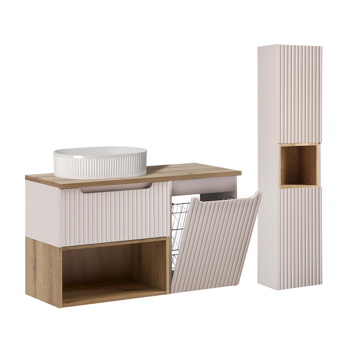 Ensemble meuble simple vasque 100cm panier à linge et colonne Riva Cachemire et Bois