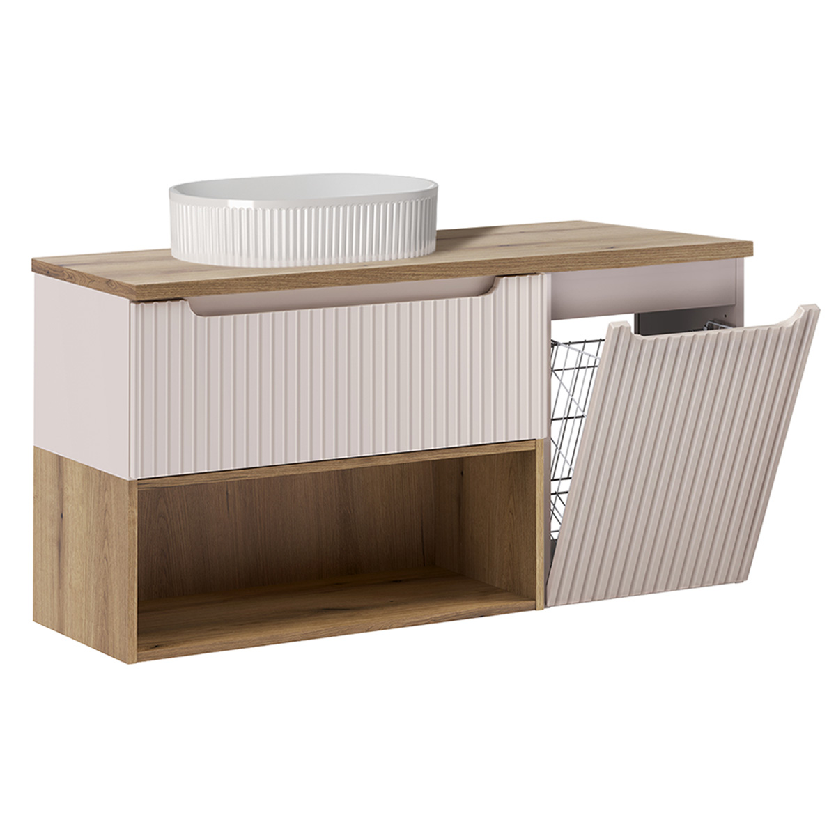 Meuble simple vasque 120cm panier à linge Riva Cachemire et Bois