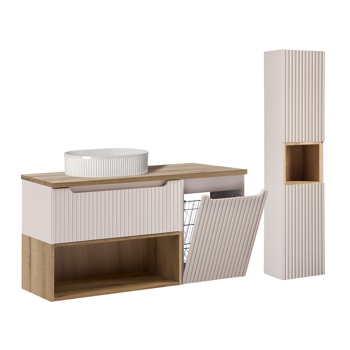 Ensemble meuble simple vasque 120cm panier à linge et colonne Riva Cachemire et Bois