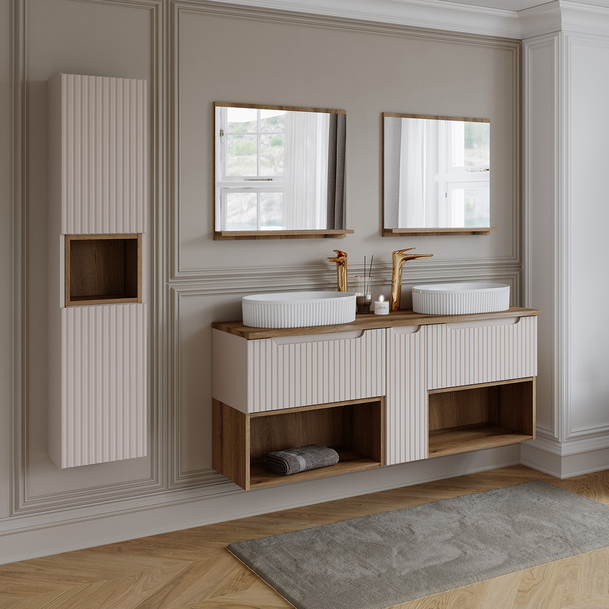 Ensemble meuble double vasque 140cm et colonne Riva Cachemire et Bois