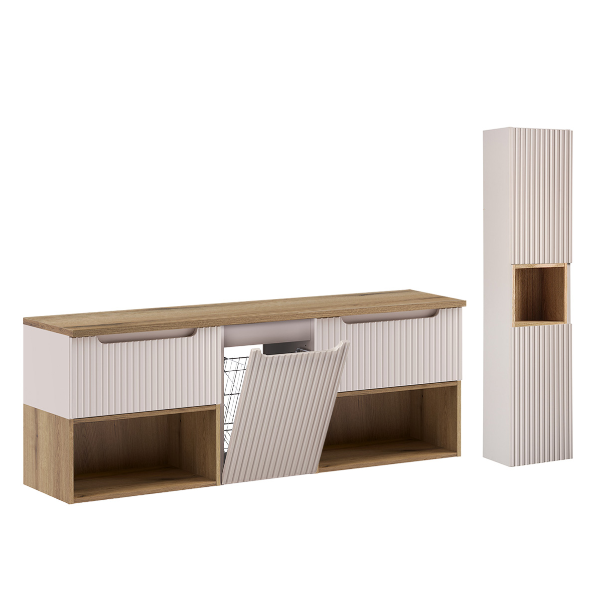Ensemble meuble sous-vasque 160cm panier à linge niches et colonne Riva Cachemire et Bois