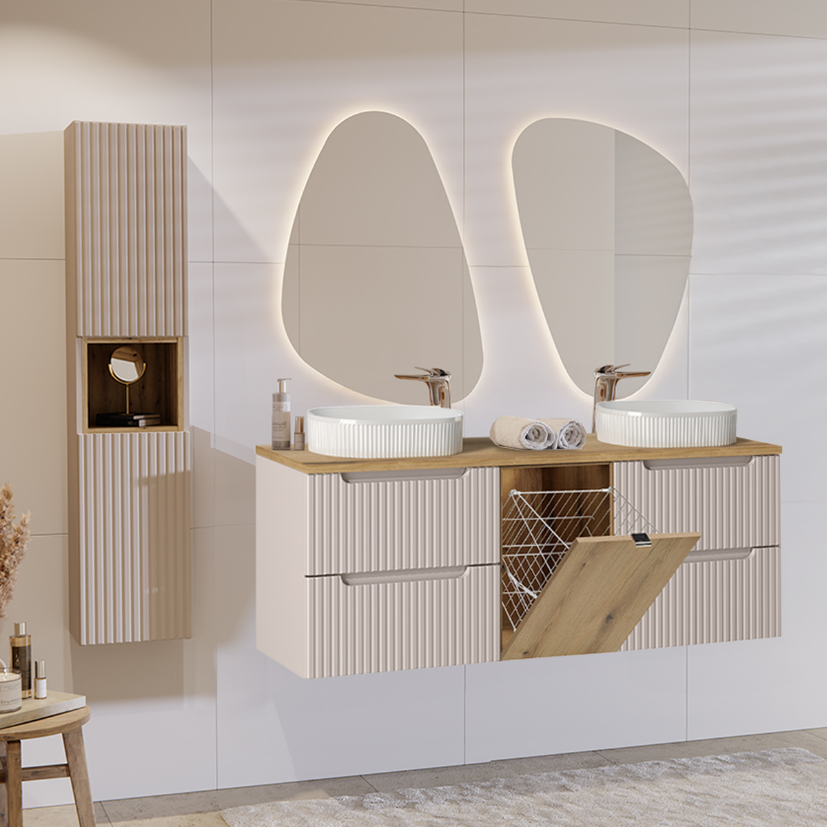 Ensemble meuble double vasque 160cm panier à linge et colonne Riva Cachemire et Bois