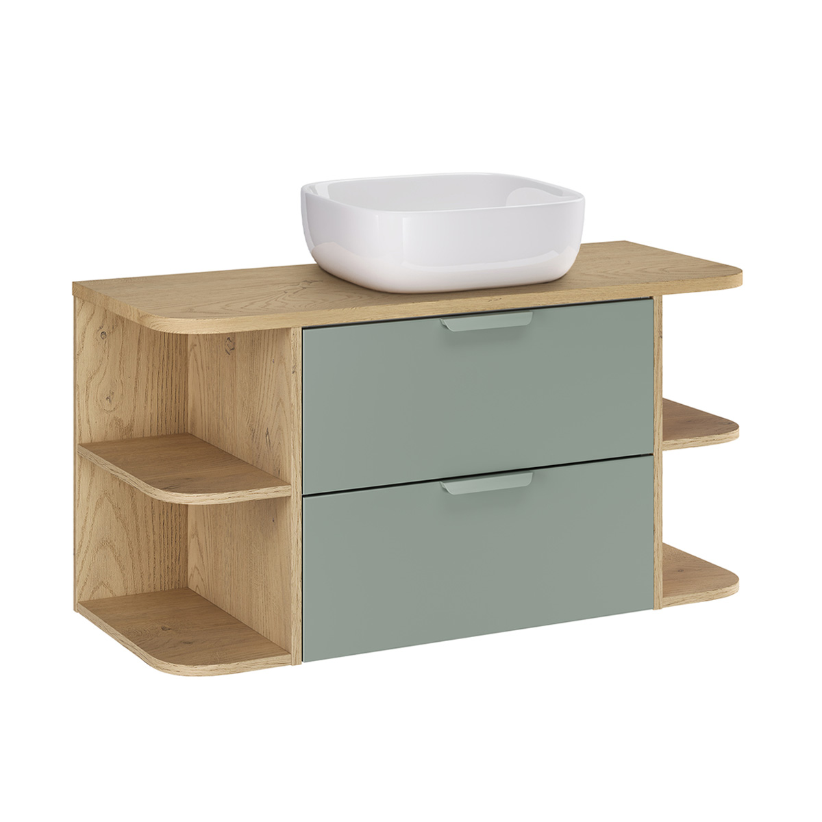 Meuble simple vasque 100cm niches arrondies Oria Vert mat