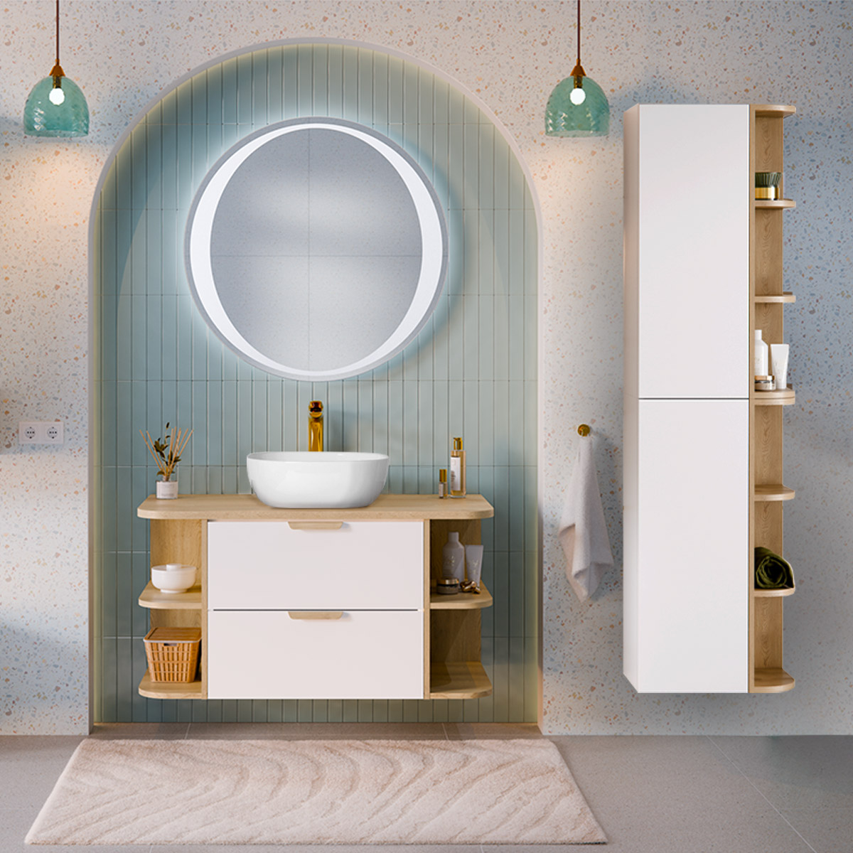 Ensemble meuble simple vasque 100cm niches arrondies et colonne Oria Blanc mat