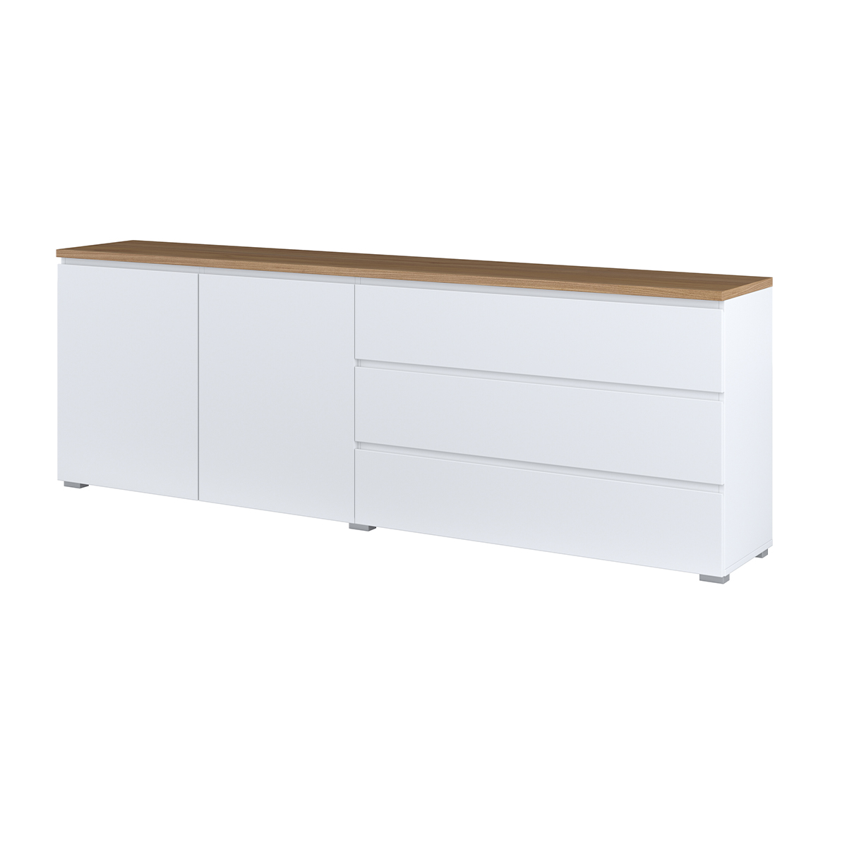 Buffet long 2 portes 3 tiroirs Liko Blanc et Bois