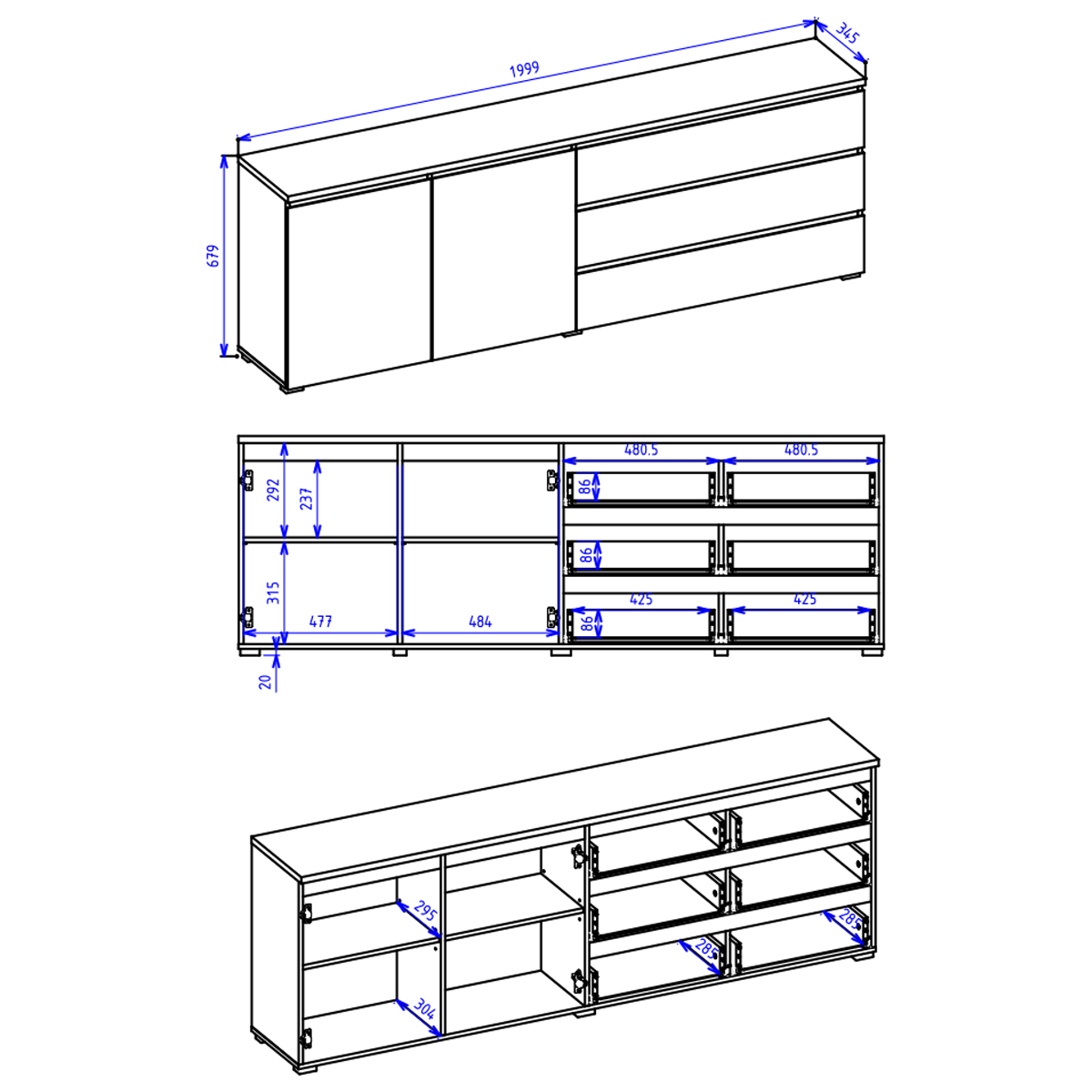 Hvt_Liko_buffet_long_2portes_3tiroirs_dimensions