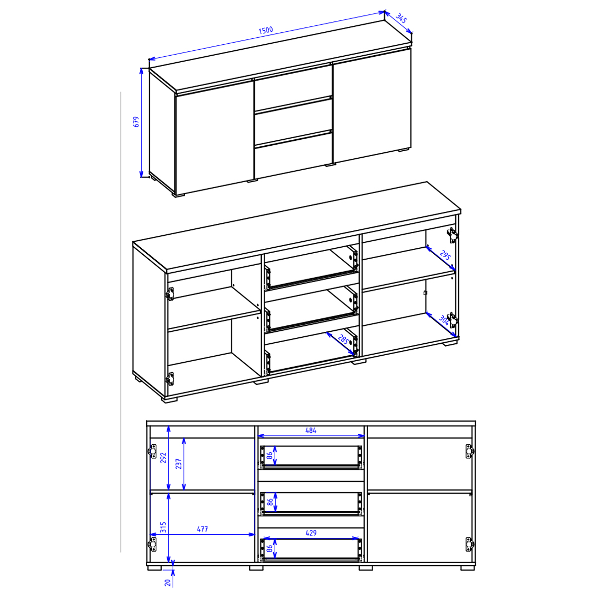 Hvt_Liko_buffet_2portes_3tiroirs_dimensions