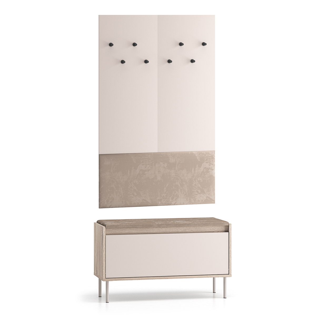 Meuble entrée porte-manteau et banc à chaussures long 1 porte Alos Cachemire et Bois