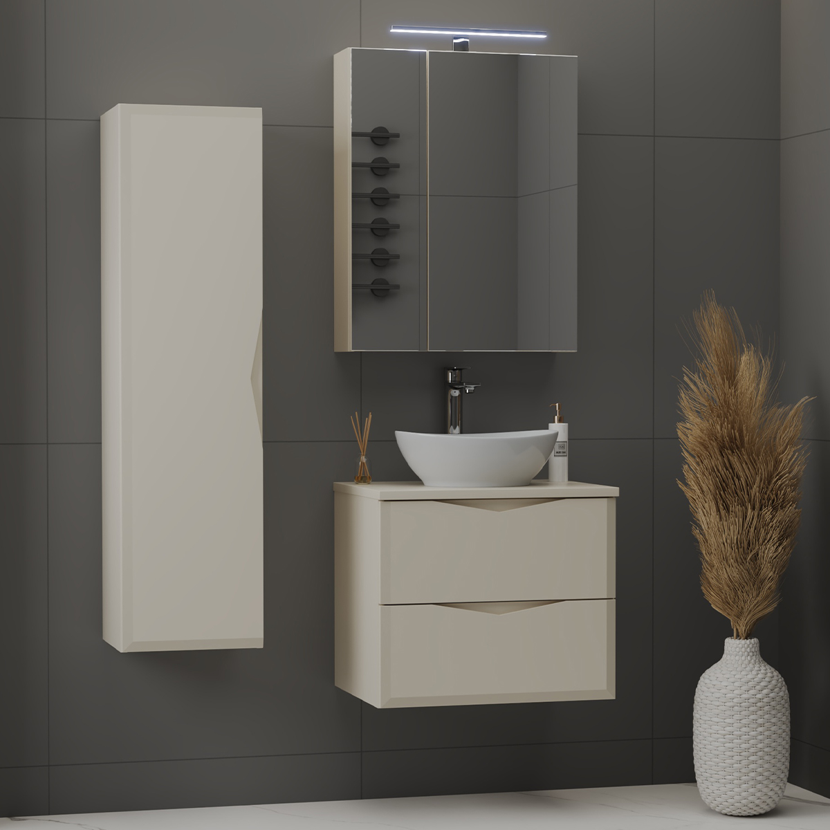 Ensemble meuble simple vasque 60cm et colonne Ellie Cachemire