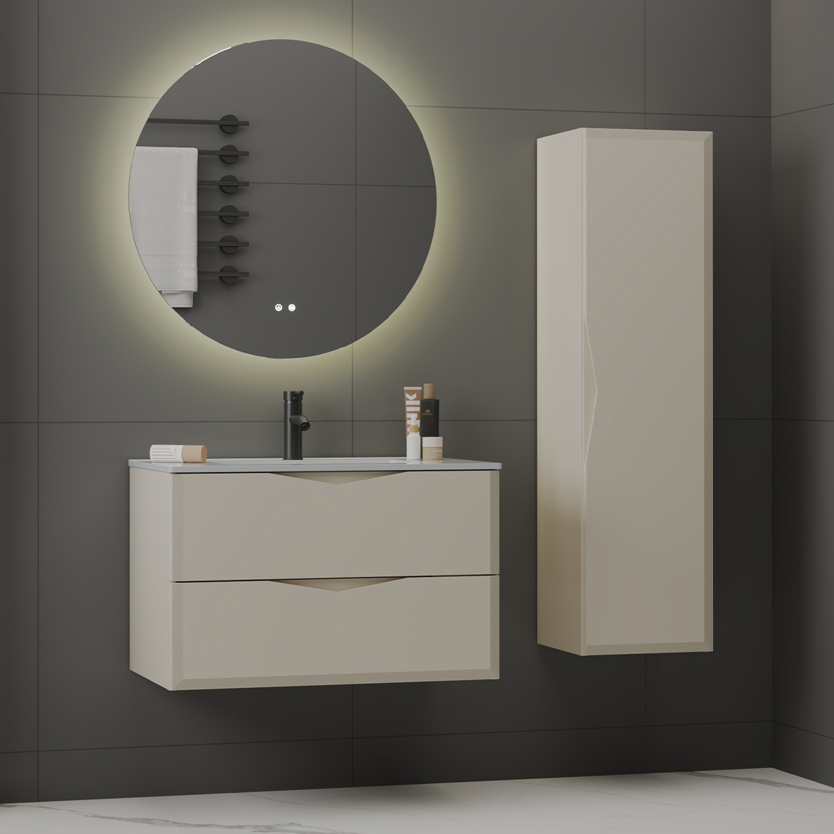 Ensemble meuble simple vasque encastrée 80cm et colonne Ellie Cachemire