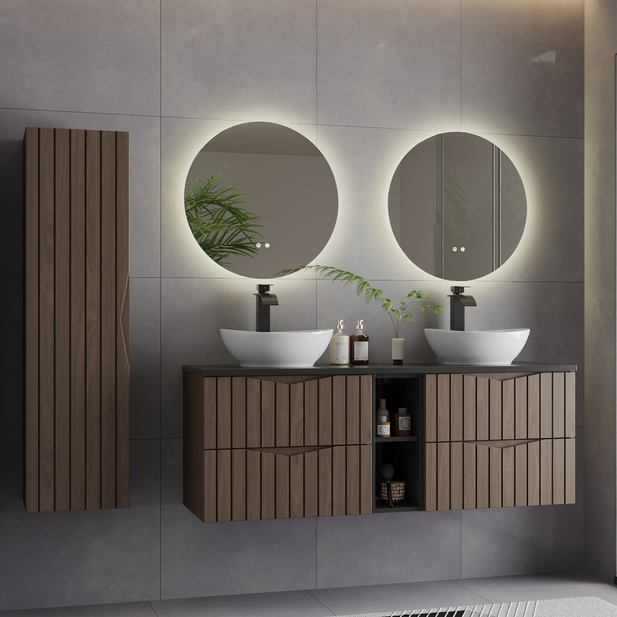 Ensemble Meuble double vasque 140cm 2 niches et colonne Siena bois et noir