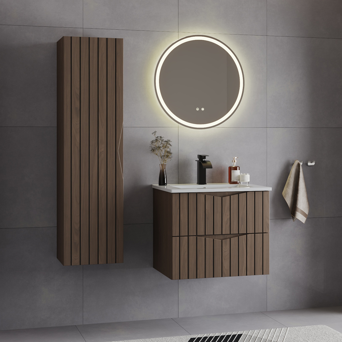 Ensemble meuble simple vasque encastrée 60cm et colonne Siena bois et noir
