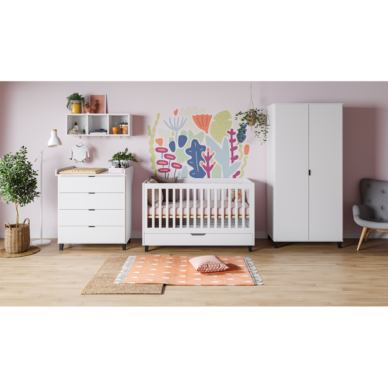 Chambre complète lit bébé évolutif - commode à langer - armoire Vox Simple Blanc
