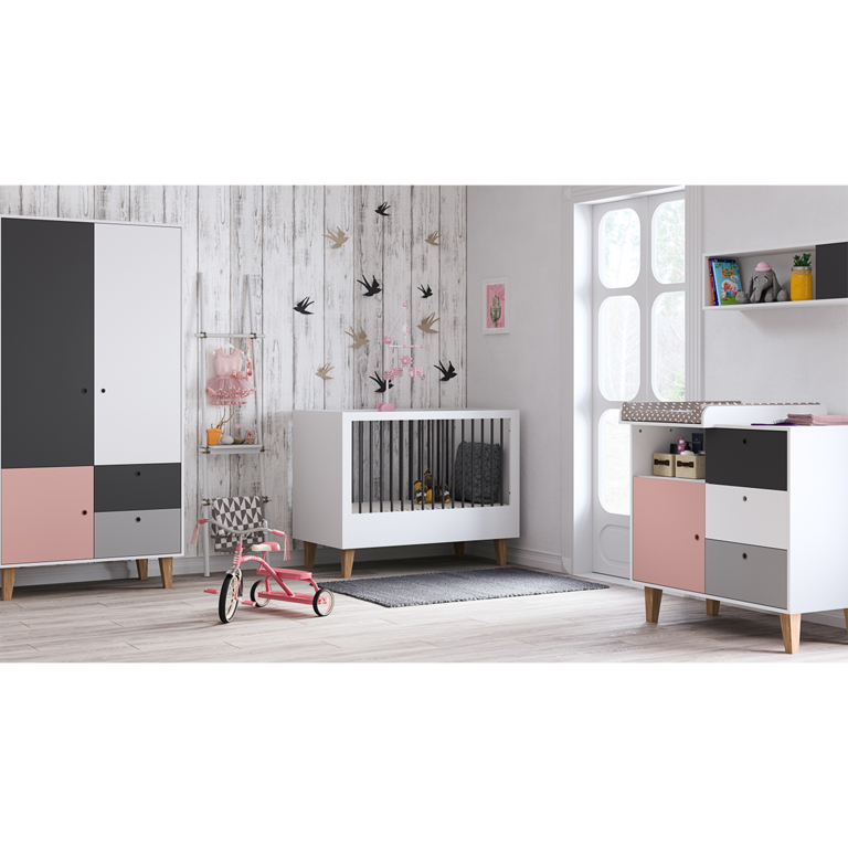 Chambre complète lit bébé évolutif - commode à langer - armoire Vox Concept Rose