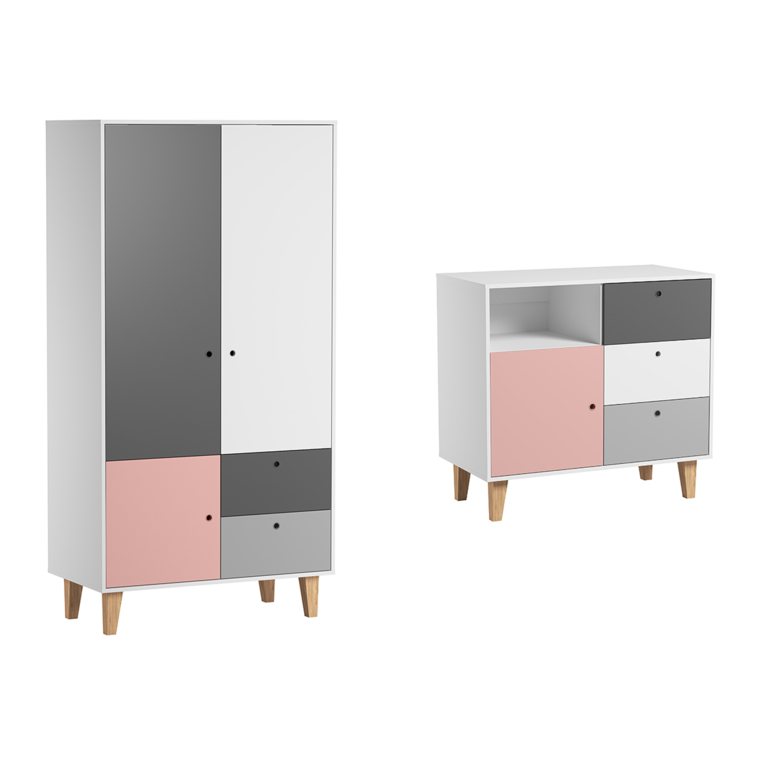 Commode 3 tiroirs et Armoire Vox Concept Rose