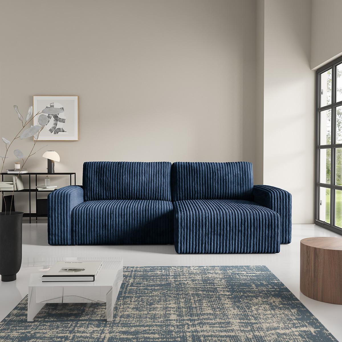 Canapé d\'angle réversible et convertible 3 places avec coffre et accoudoirs Angela Bleu marine