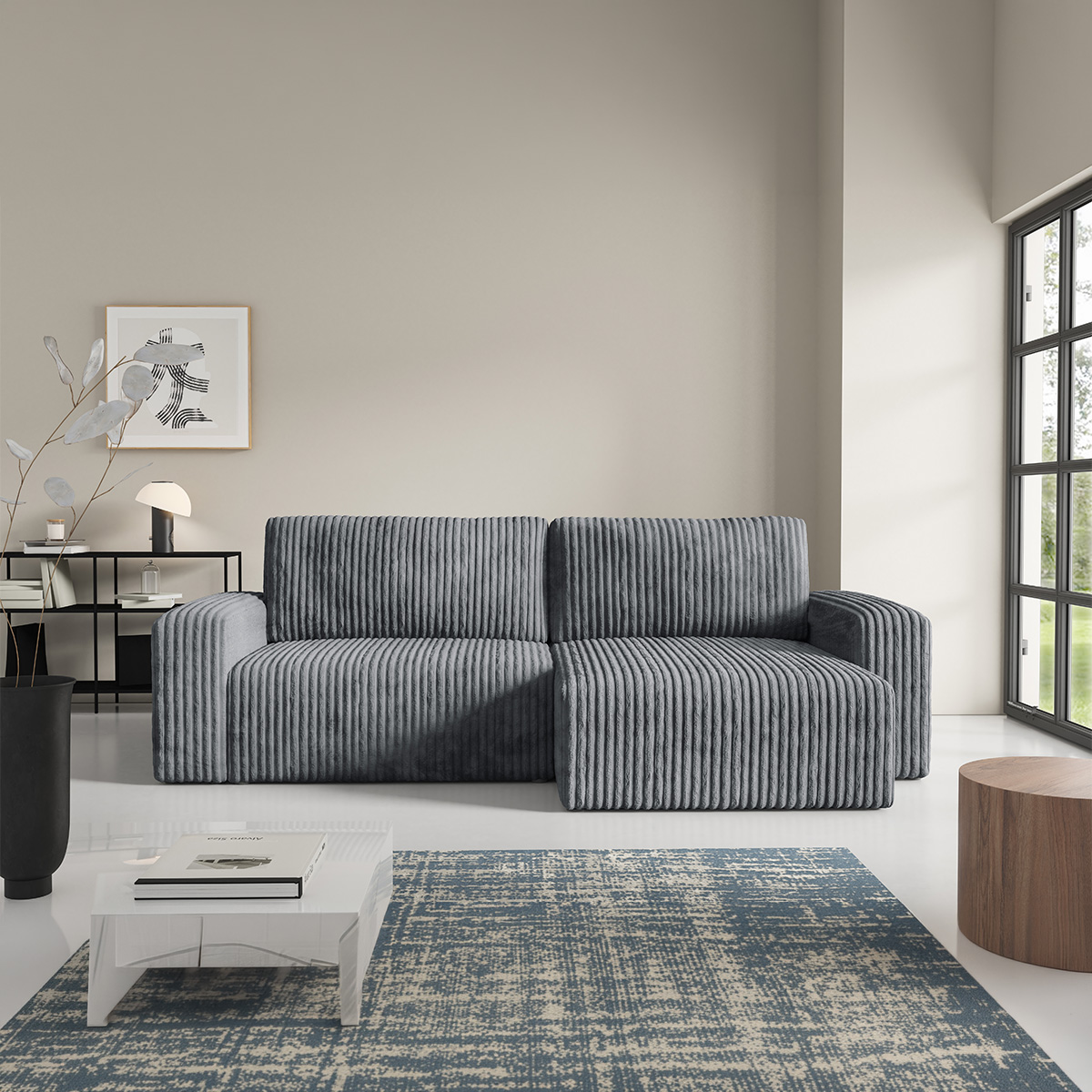 Canapé d\'angle réversible et convertible 3 places avec coffre et accoudoirs Angela Gris foncé