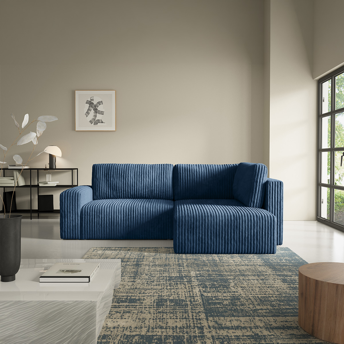 Canapé d\'angle droit convertible 4 places avec coffre et accoudoirs Angela Bleu marine