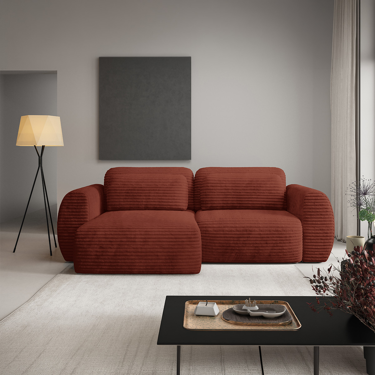 Canapé d\'angle réversible et convertible 3 places avec coffre Camilla Terracotta