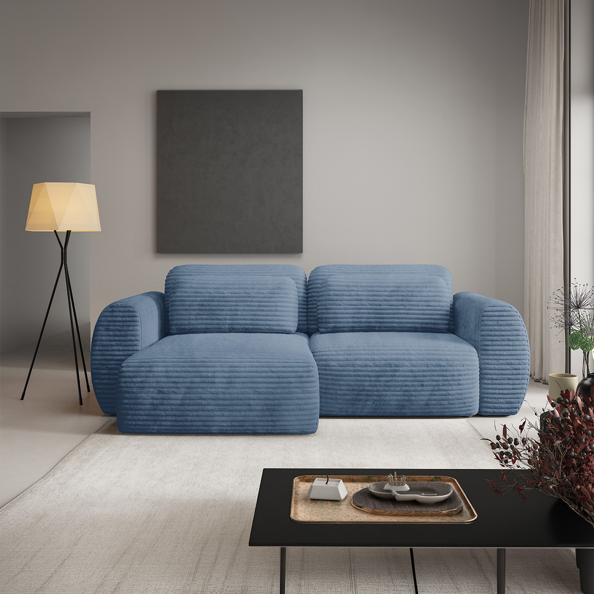 Canapé d\'angle réversible et convertible 3 places avec coffre Camilla Bleu clair