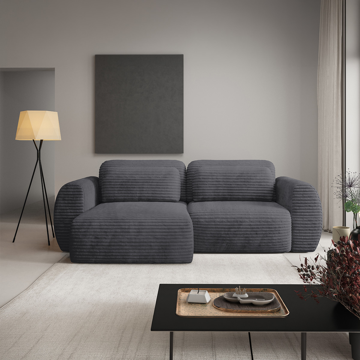 Canapé d\'angle réversible et convertible 3 places avec coffre Camilla Gris foncé