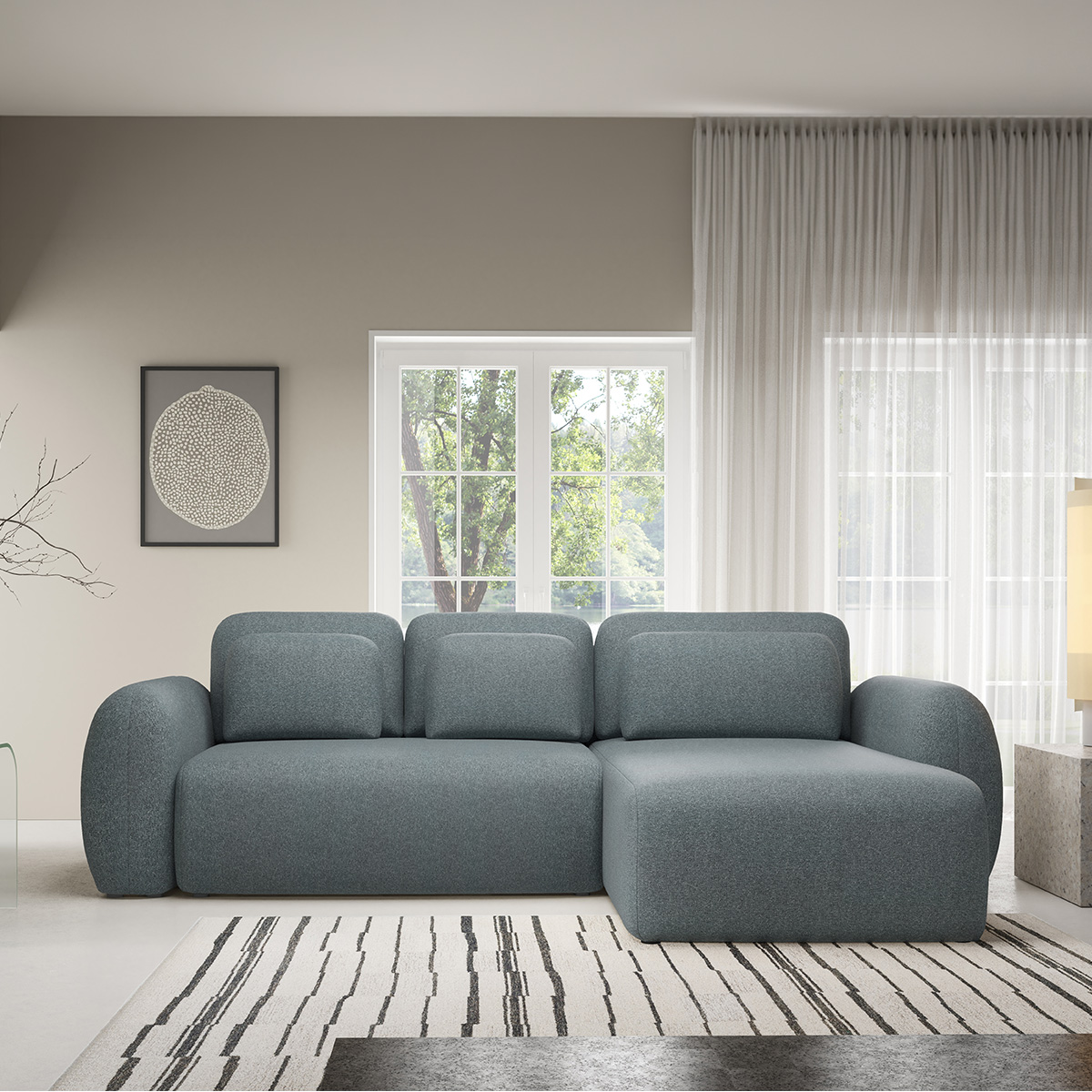 Canapé d\'angle réversible et convertible 3 places avec coffre Carmela Bleu