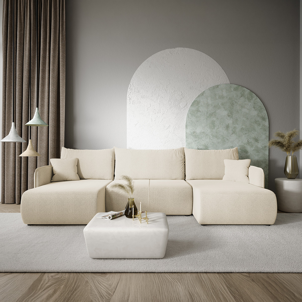 Canapé U 5 places convertible coffre Claudio Beige