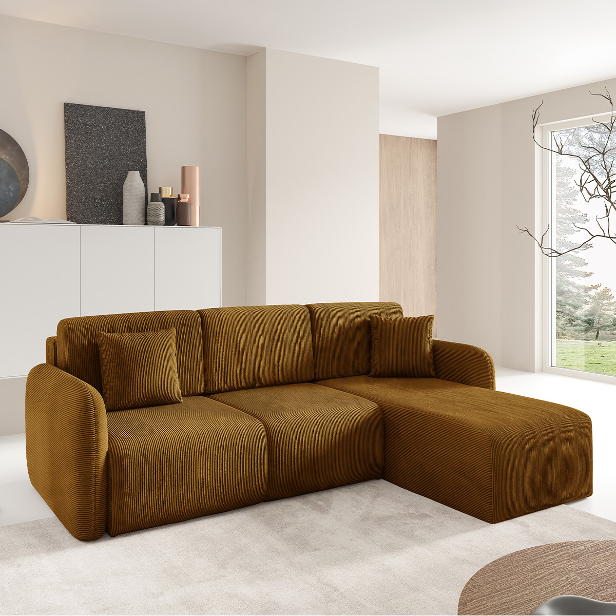 Canapé d\'angle réversible et convertible 3 places avec coffre Dora Marron