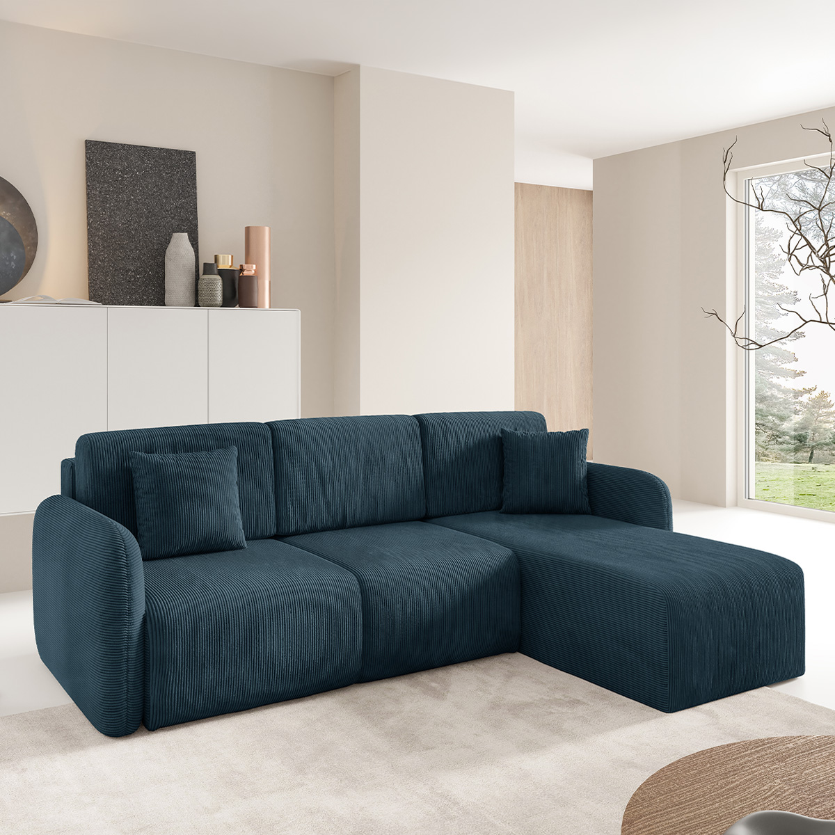 Canapé d\'angle réversible et convertible 3 places avec coffre Dora Bleu foncé