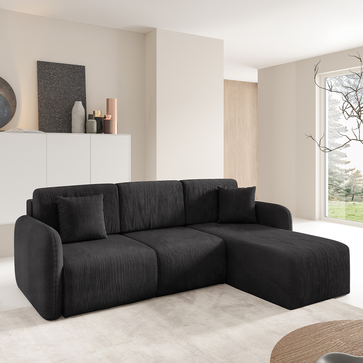 Canapé d\'angle réversible et convertible 3 places avec coffre Dora Noir
