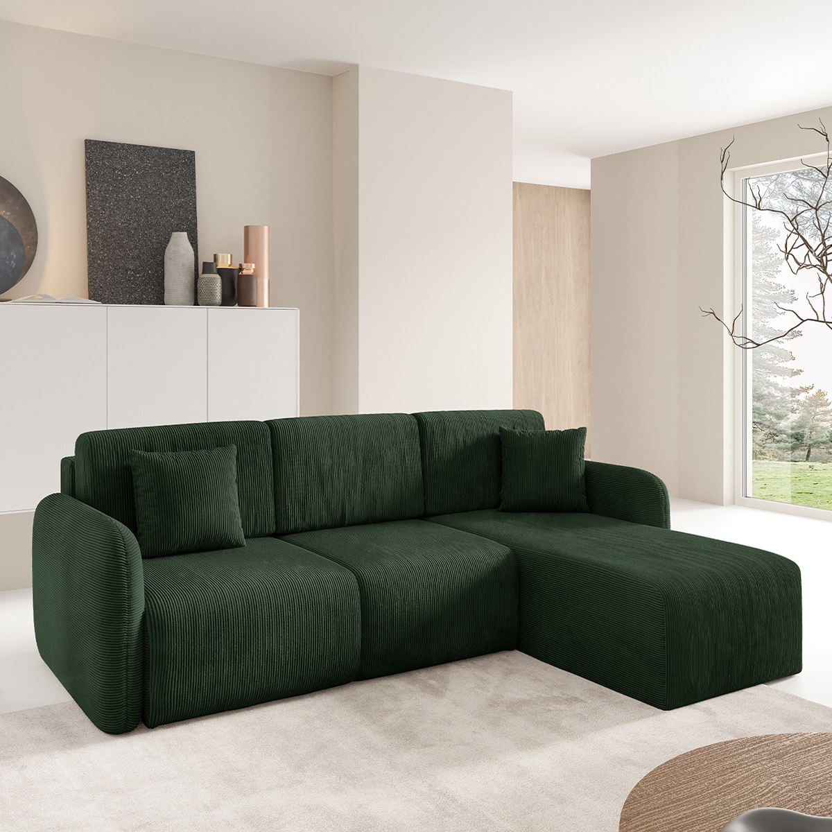 Canapé d\'angle réversible et convertible 3 places avec coffre Dora Vert Sapin