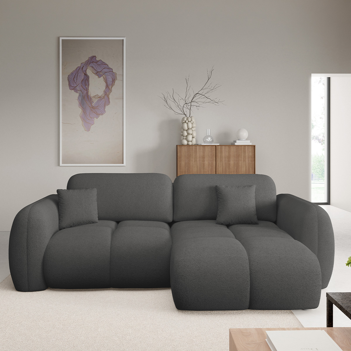 Canapé d\'angle réversible convertible 3 places avec coffre Livio Gris foncé
