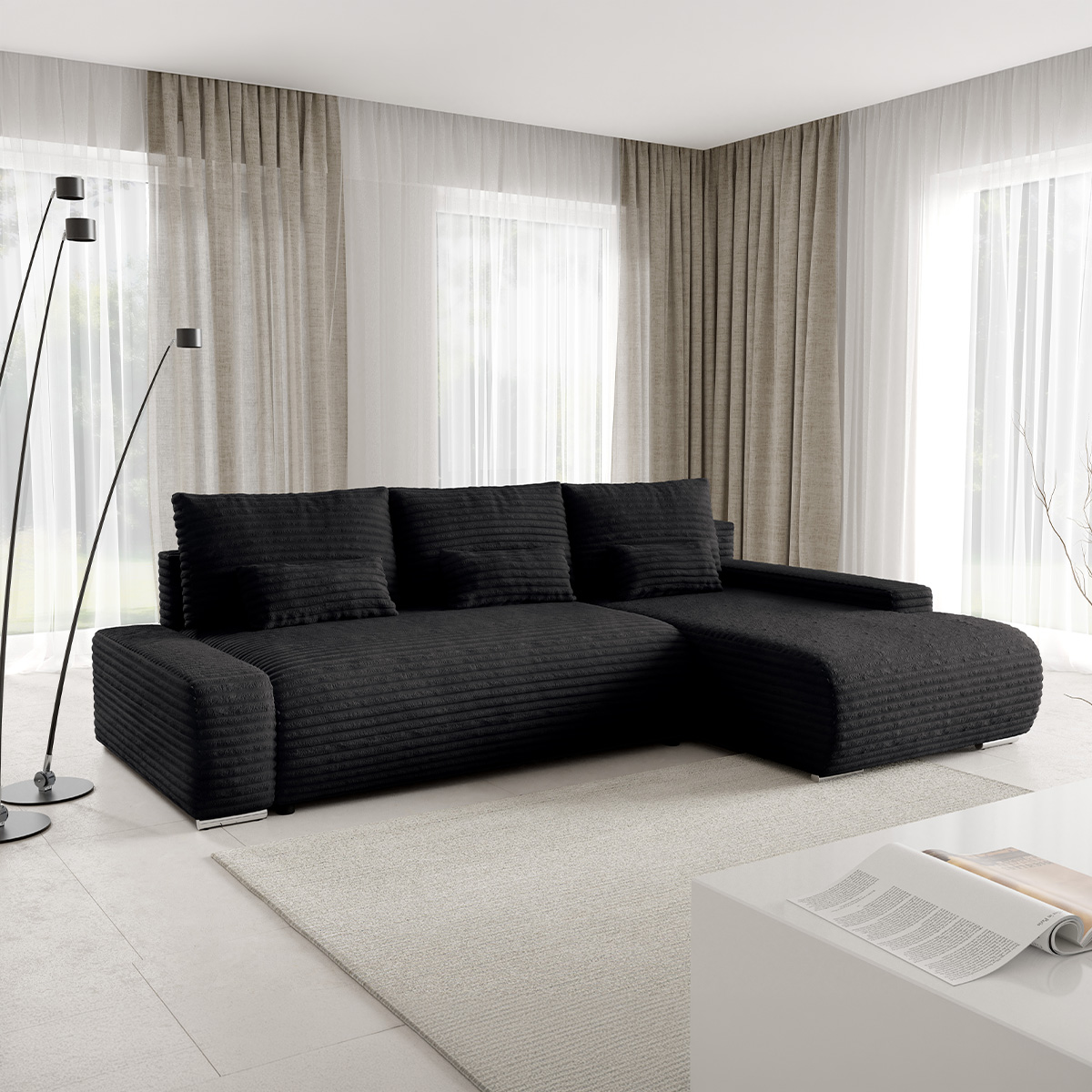 Canapé d\'angle droit convertible 3 places avec coffre Ivana Noir