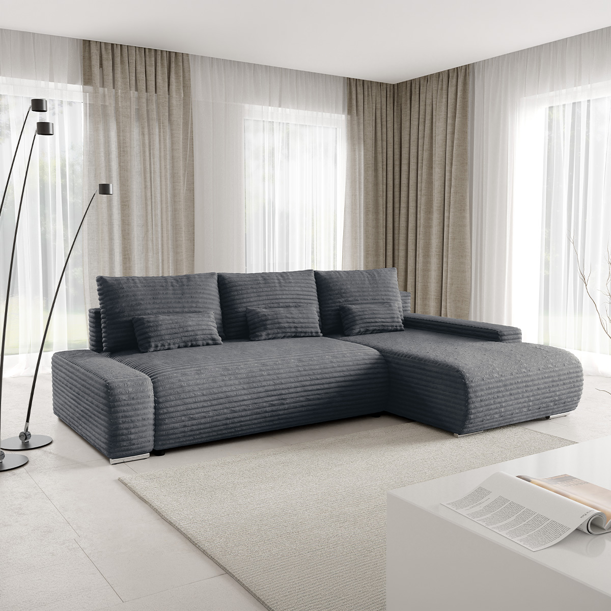 Canapé d\'angle droit convertible 3 places avec coffre Ivana Gris foncé