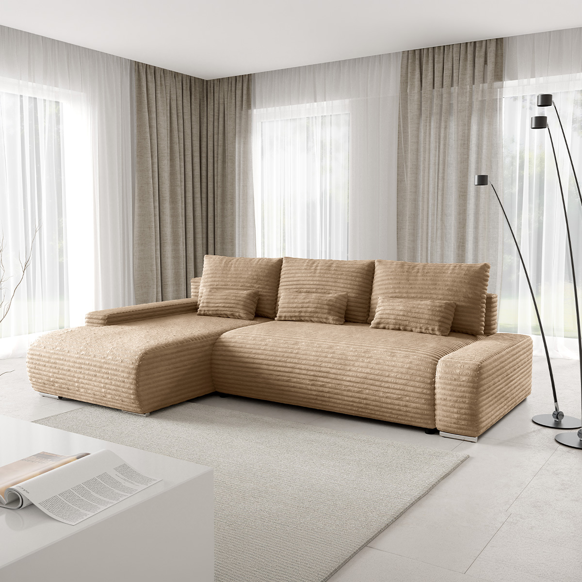 Canapé d\'angle gauche convertible 3 places avec coffre Ivana Beige