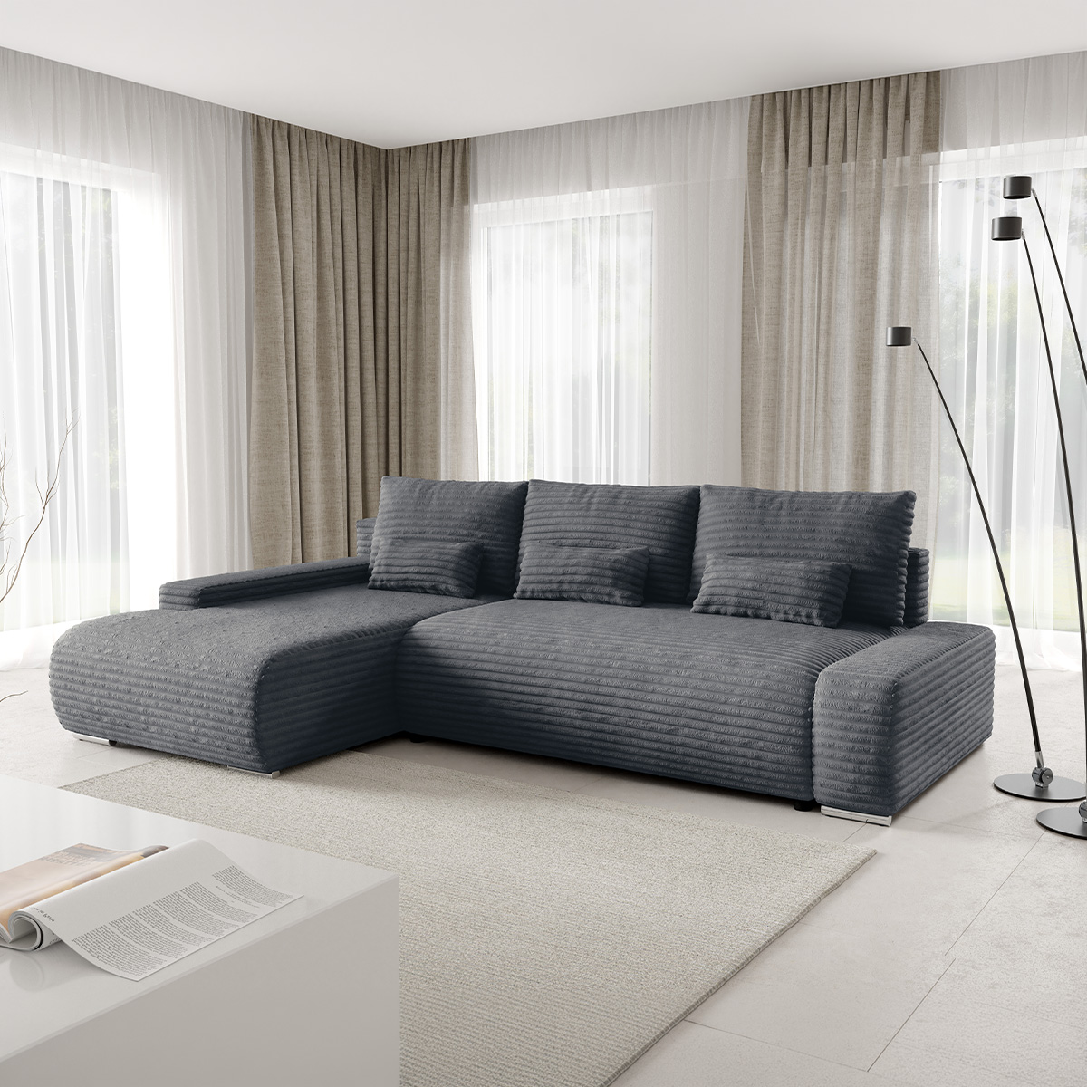Canapé d\'angle gauche convertible 3 places avec coffre Ivana Gris foncé