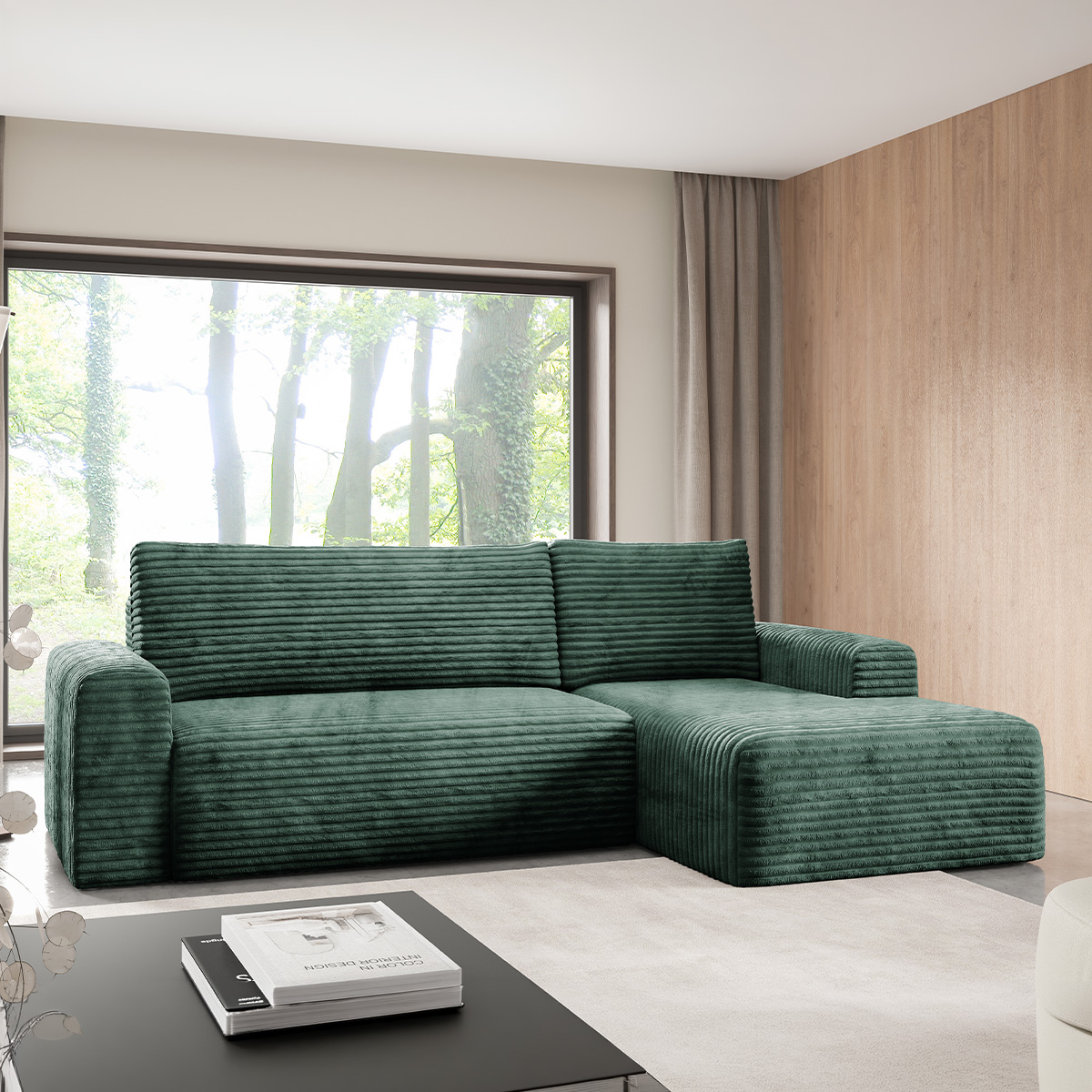 Canapé d\'angle droit convertible 3 places avec coffre Romeo Vert sapin