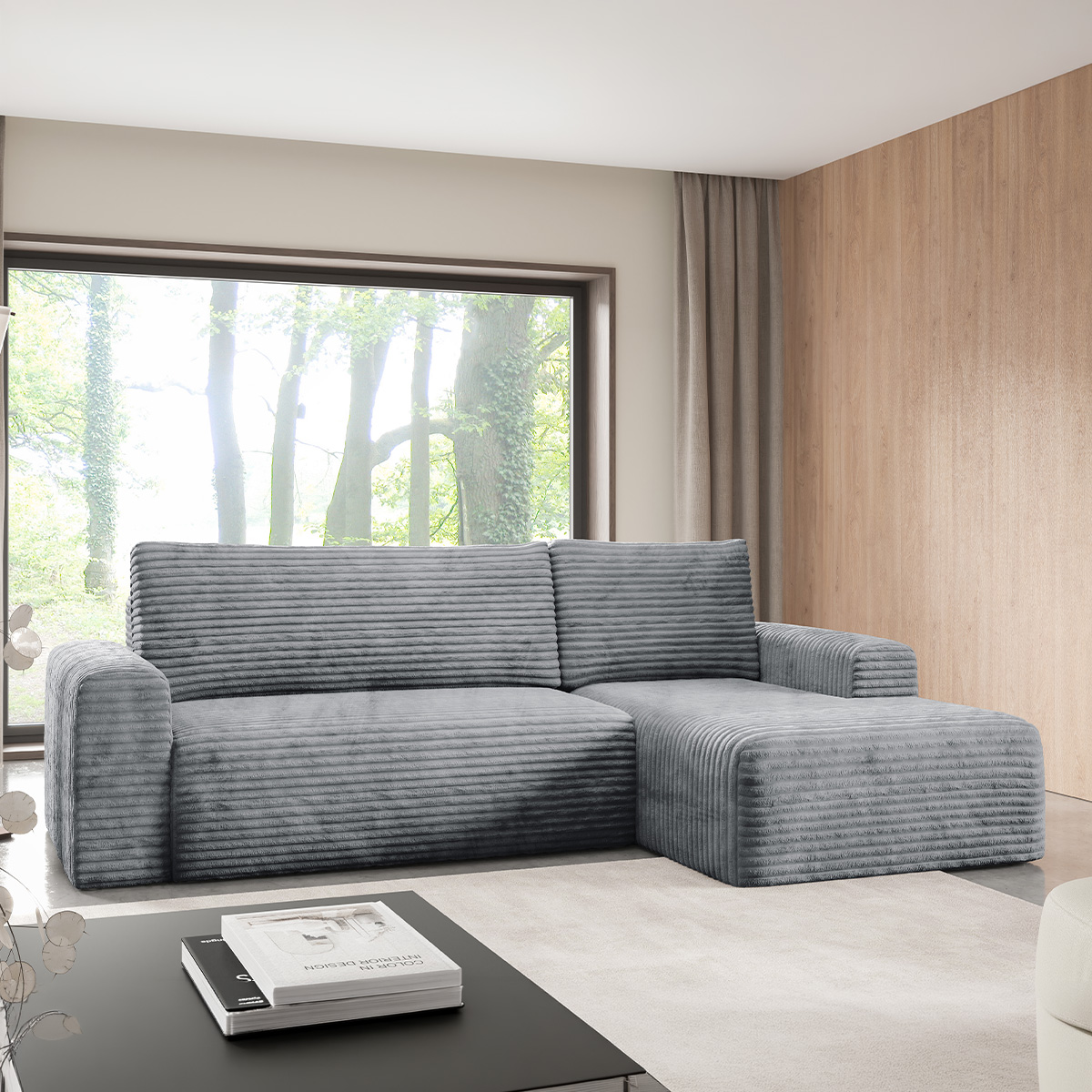 Canapé d\'angle droit convertible 3 places avec coffre Romeo Gris foncé