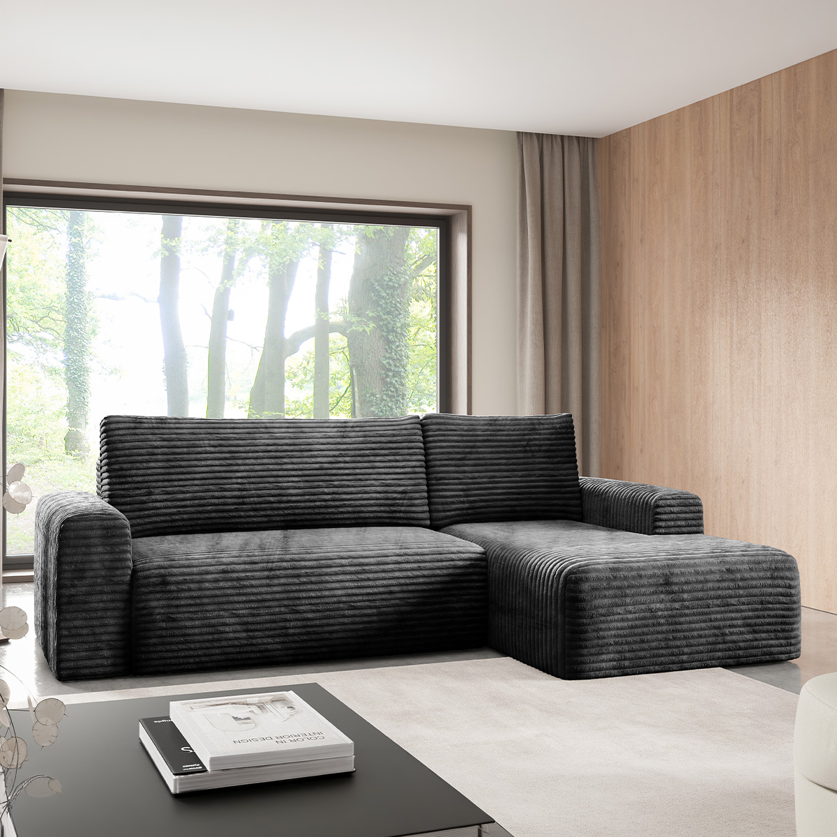 Canapé d\'angle droit convertible 3 places avec coffre Romeo Noir