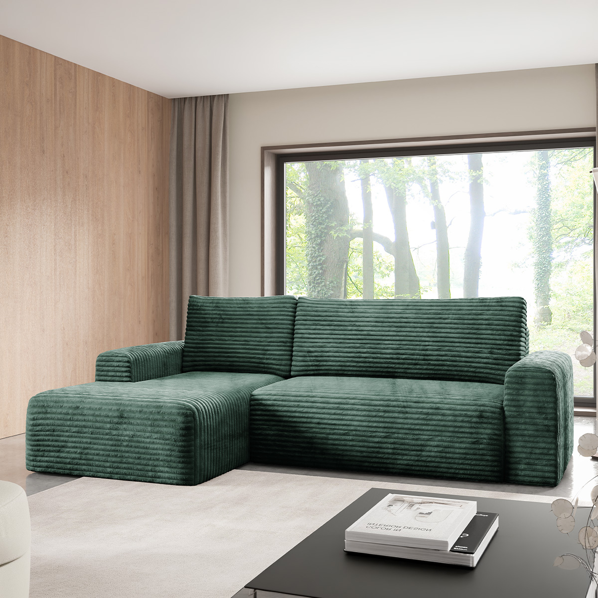 Canapé d\'angle gauche convertible 3 places avec coffre Romeo Vert sapin