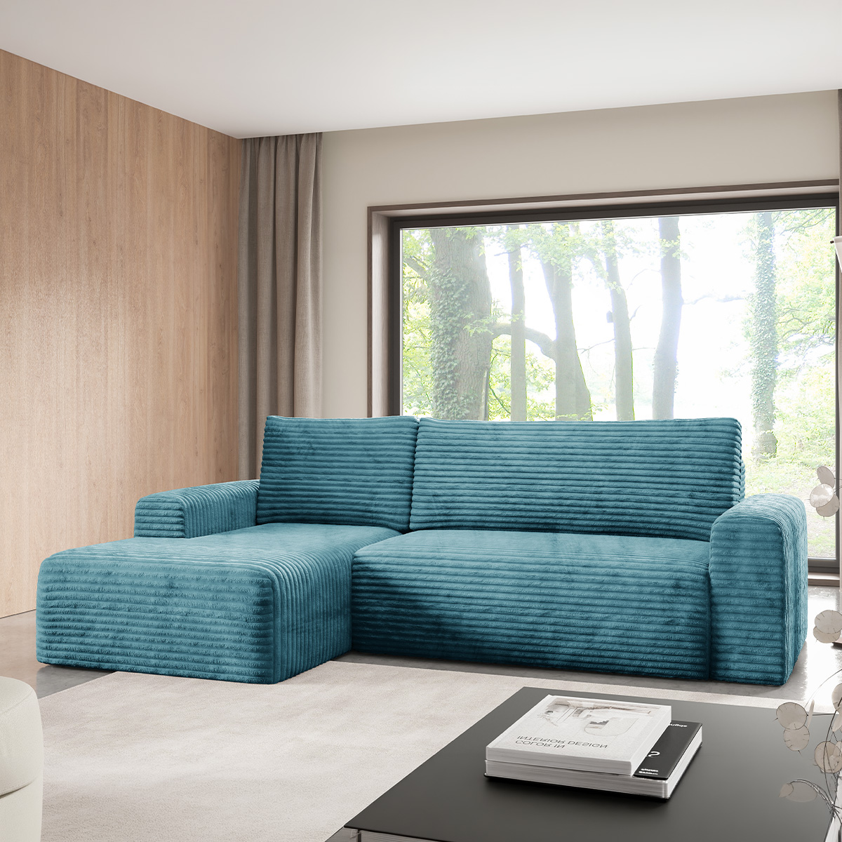 Canapé d\'angle gauche convertible 3 places avec coffre Romeo Bleu