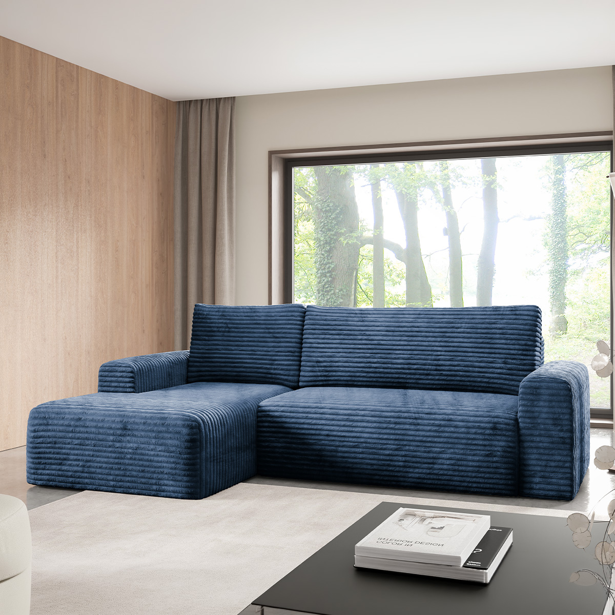 Canapé d\'angle gauche convertible 3 places avec coffre Romeo Bleu foncé